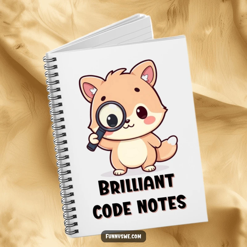 Funny notebook cover with a kawaii animal character triumphantly holding a magnifying glass over a line of code, ideal for coding notes.
