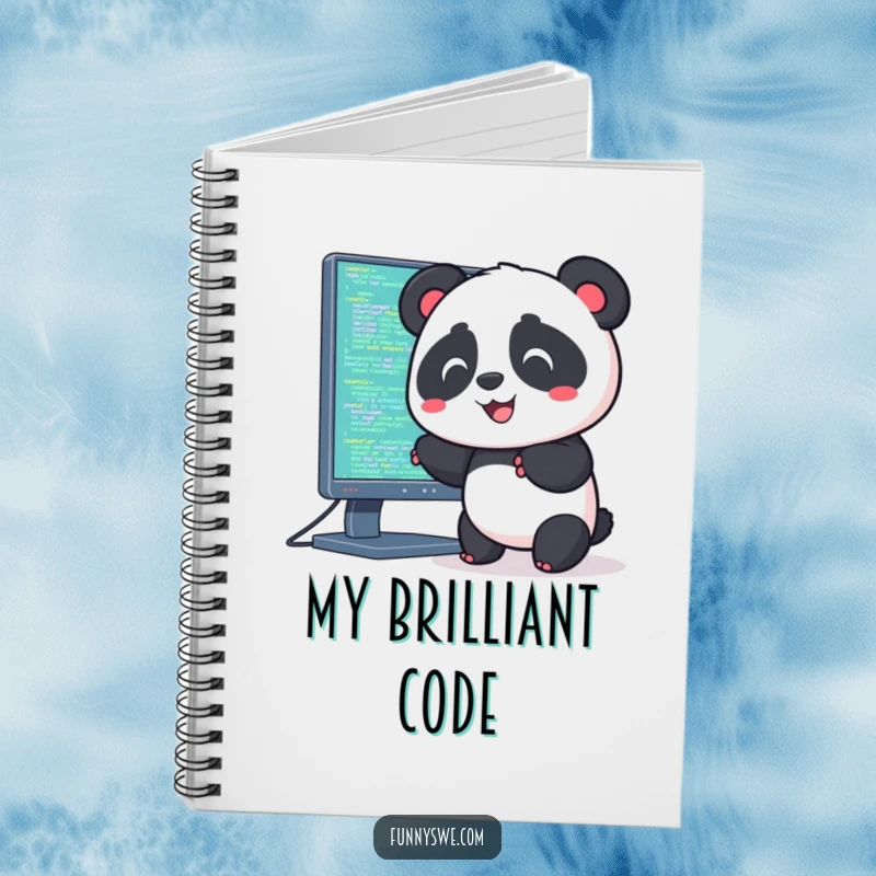 Funny notebook cover with a Kawaii panda pushing code into a computer monitor, perfect for tech planning.