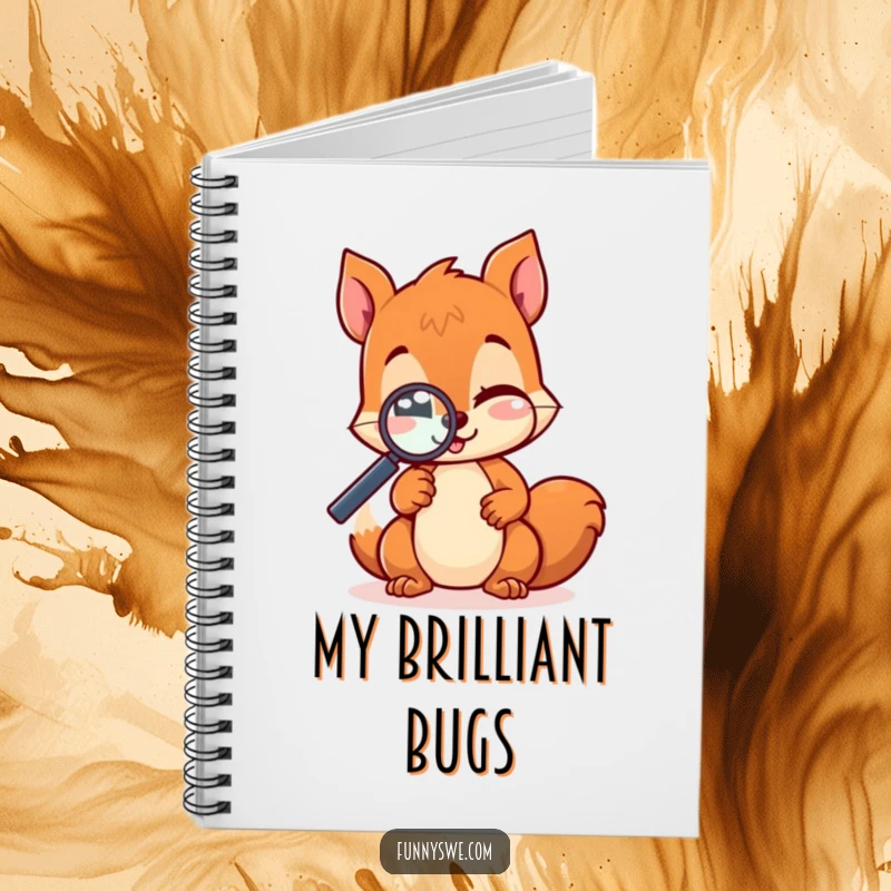 Funny kawaii squirrel with a magnifying glass, winking while testing a website, blank pages inside this cute notebook for writing.