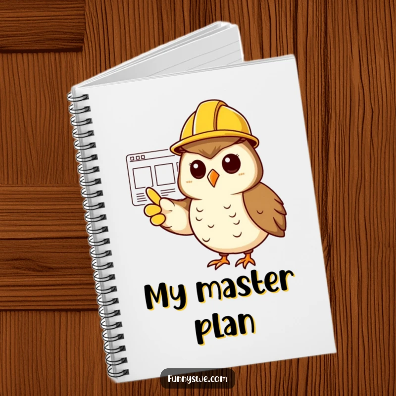 Funny cheerful owl wearing a hard hat, pointing at a website wireframe on a notebook cover.
