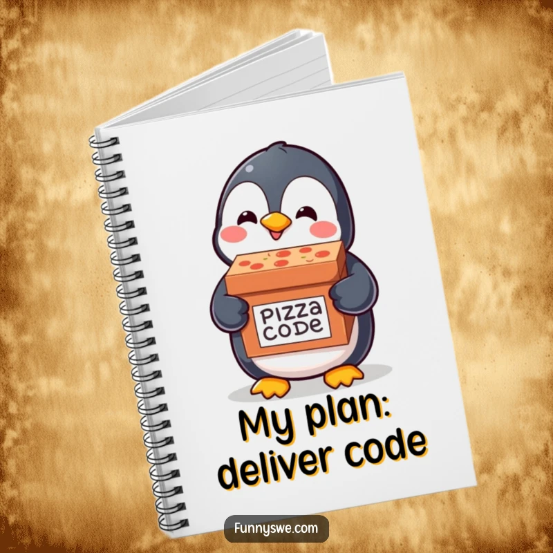 Funny notebook cover with a happy kawaii penguin delivering a pizza box labeled code delivery, for jotting down tech and humorous notes.