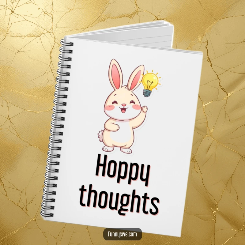 Funny happy bunny holding a glowing lightbulb, representing inspiration, a humorous notebook for jotting down ideas.