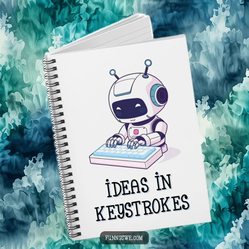 Funny kawaii robot animal character typing energetically on a glowing keyboard, featured on a cute and humorous notebook.