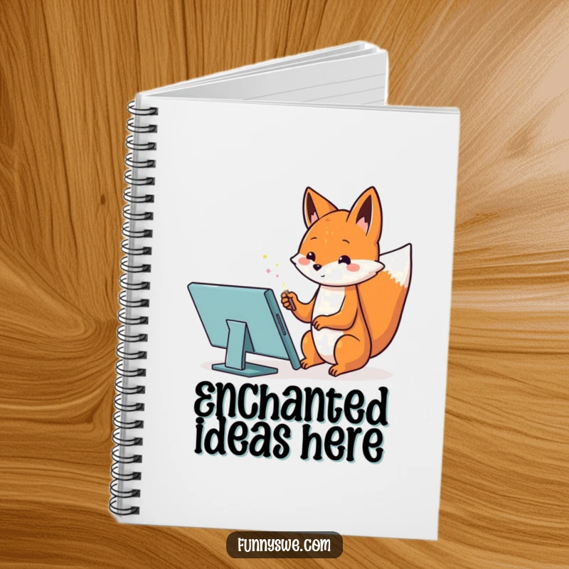 Funny notebook cover showcasing a Kawaii fox using a magic wand on a tablet to design a website, perfect for notes.