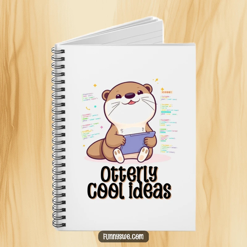 Funny notebook cover showcasing a Kawaii otter excitedly coding on a tablet, surrounded by code, perfect for notes.