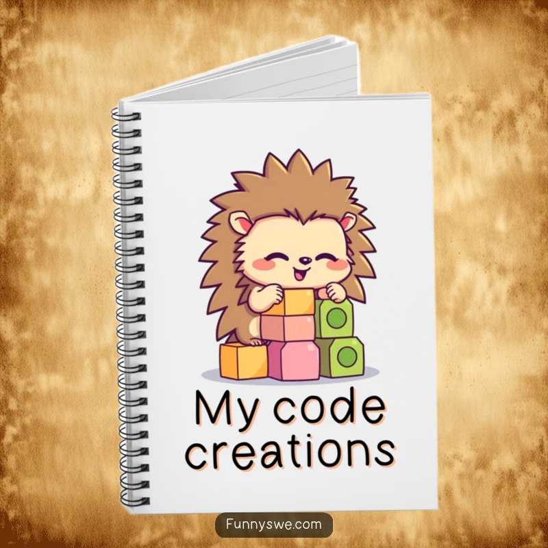 Funny hedgehog character concentrating on stacking hexagonal code blocks, ideal for note-taking in this funny notebook.