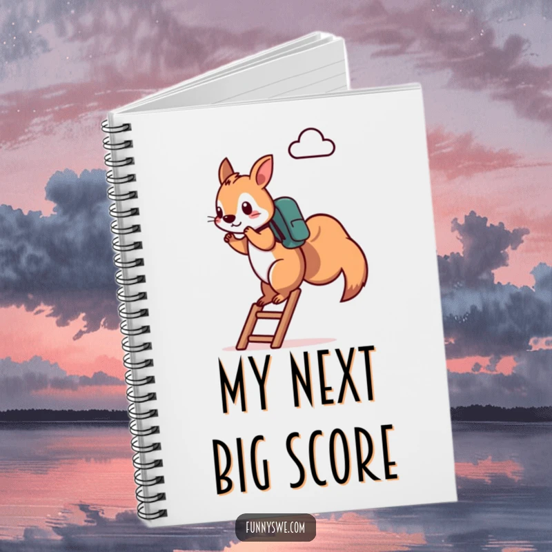 Funny Squirrel Notebook: A determined squirrel with a backpack climbs a ladder towards a cloud icon, inspiring notes and tech goals, ideal for a funny gift.