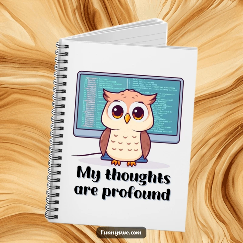 Funny Notebook featuring a curious owl character looking at code on a giant monitor, perfect for taking notes and ideas.