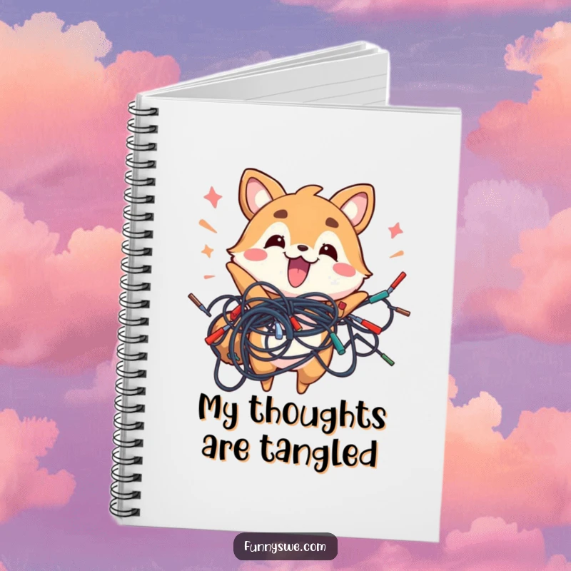 Funny notebook cover with an energetic animal holding a tangled mass of wires, a creative tech gift.