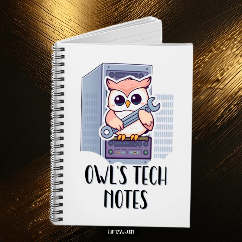 Funny kawaii owl on a server rack holding a wrench, ready to fix, a humorous notebook for IT notes.