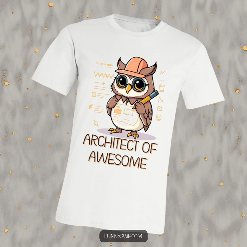 Funny t-shirt graphic of a Kawaii owl architect focused on drawing a website layout with a glowing stylus.