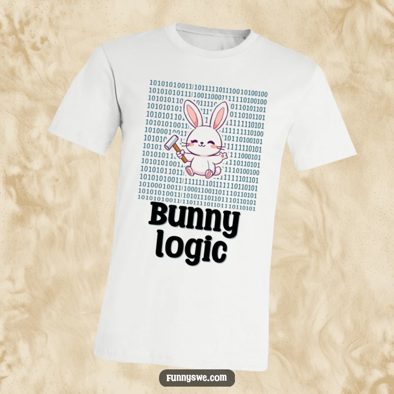 Funny happy bunny holding a tiny hammer, tapping binary code on a t-shirt for a geeky look.