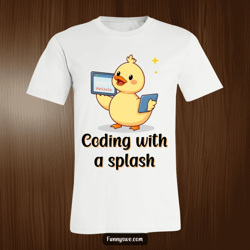 Funny kawaii duck with a cheerful chirp, building a website with a screen flying around it, printed on a soft t-shirt.