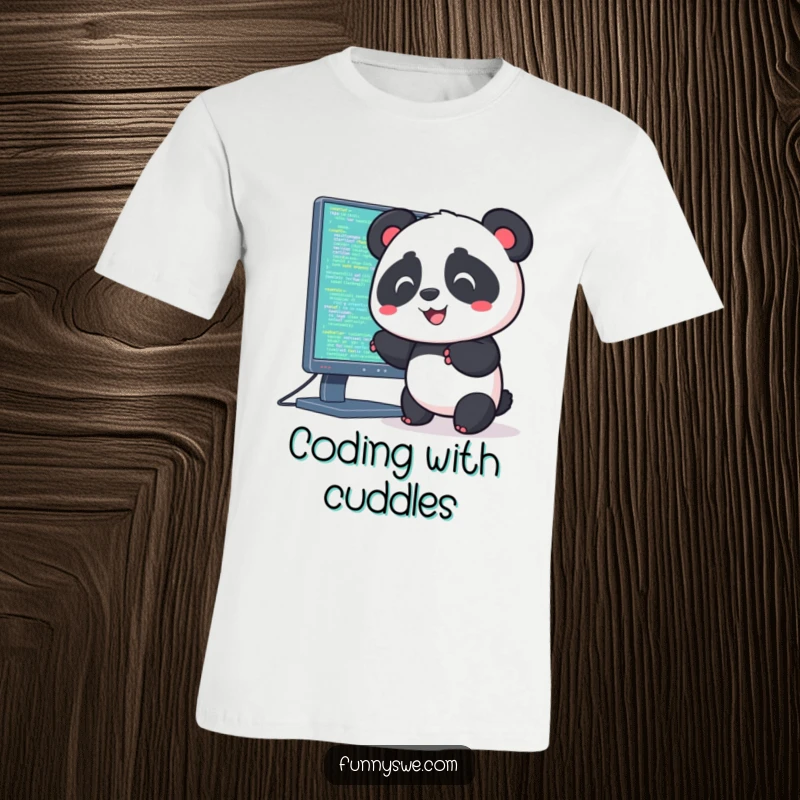 Funny t-shirt graphic of a Kawaii panda happily uploading code into a giant computer screen with a playful expression.
