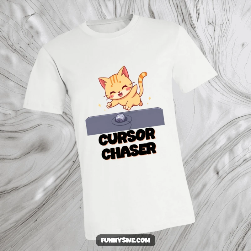 Funny energetic cat chasing a computer mouse cursor on a screen, a humorous t-shirt for cat enthusiasts.