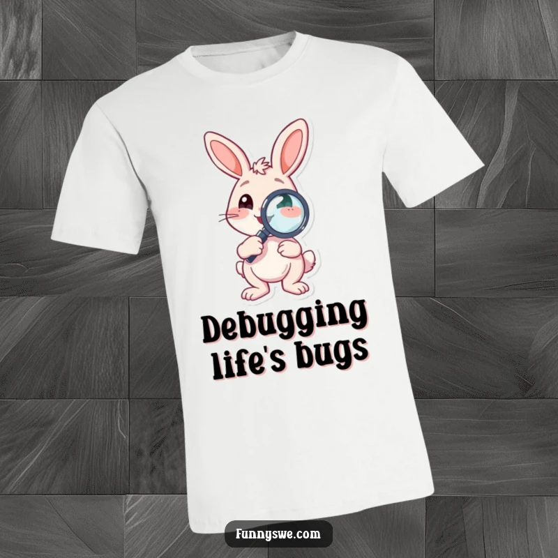Funny T-Shirt featuring a bouncing bunny character holding a debugging magnifying glass, highlighting bug-finding skills and playful dedication.