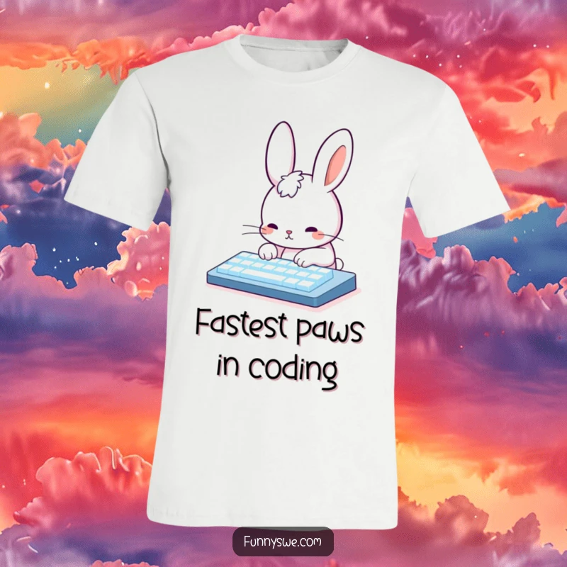 Funny Rabbit Coding T-Shirt: Cute rabbit character furiously typing on a bright glowing keyboard, a humorous design for coders.