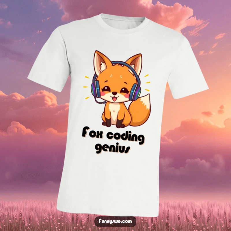 Funny t-shirt graphic of an excited fox with headphones, coding with colorful lines. Dynamic and humorous tech apparel.