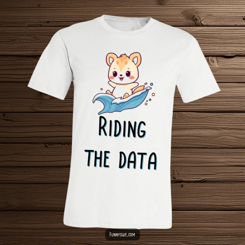Funny animal playfully riding a powerful wave of glowing digital code on a t-shirt, a dynamic tech gift.