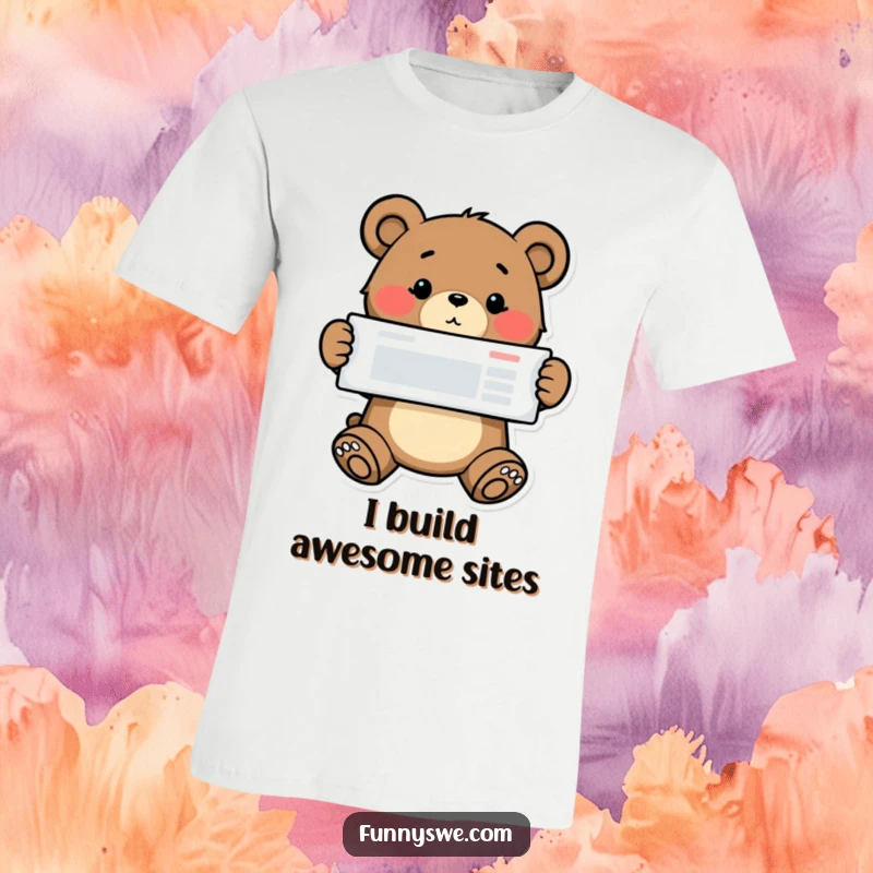 Funny bear coder t-shirt, a determined bear proudly presenting a completed website layout, exuding confidence and skill.