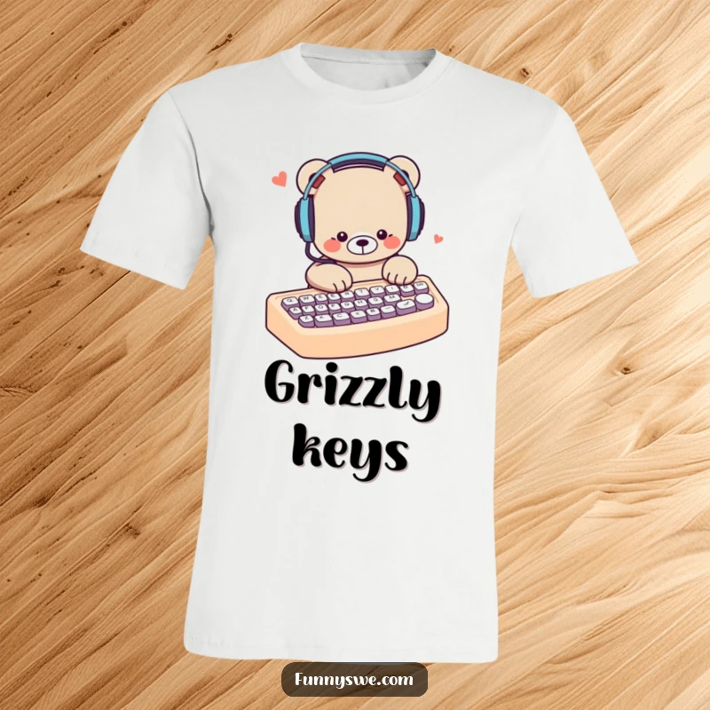 Funny bear with headphones, furiously typing on a giant keyboard, a humorous t-shirt for passionate digital creators.