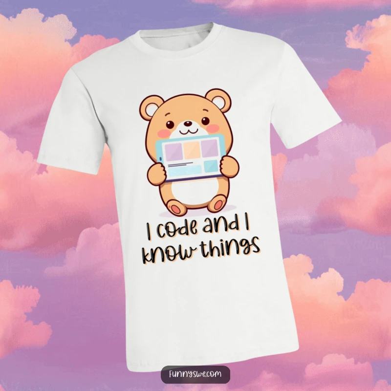 Funny Bear Web Designer T-Shirt: A cheerful bear character proudly displays a website interface on a computer screen, perfect for tech humor.