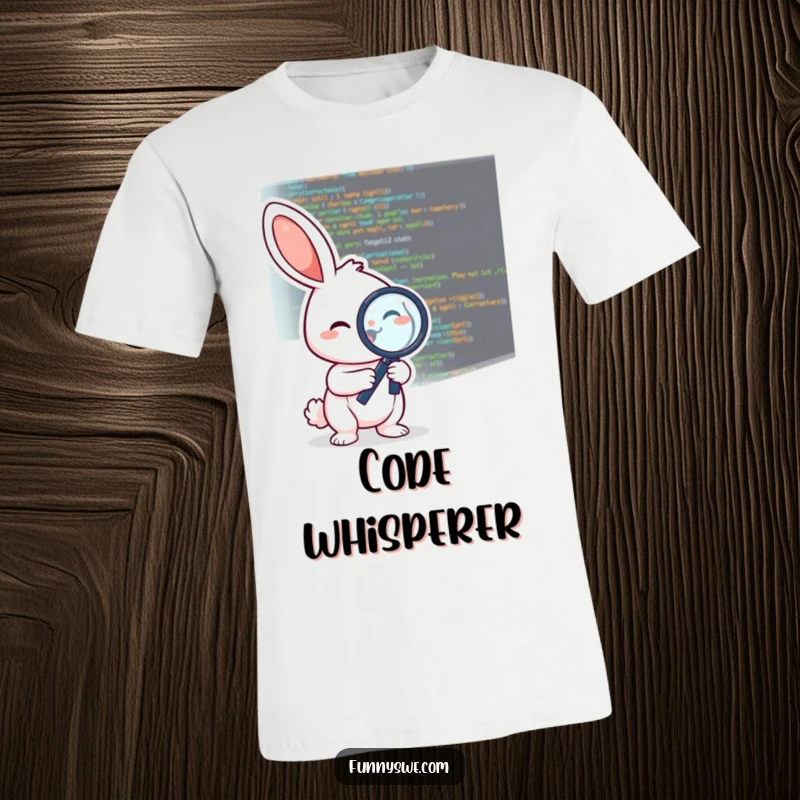 Funny t-shirt illustration of a cheerful rabbit character using a magnifying glass to debug lines of code, perfect for coders.