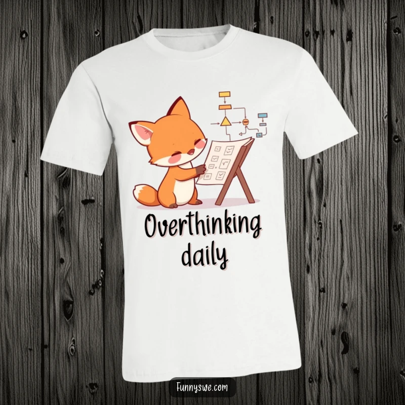 Funny fox t-shirt graphic of a curious canine examining a complex flowchart, representing humorous, analytical thinking.