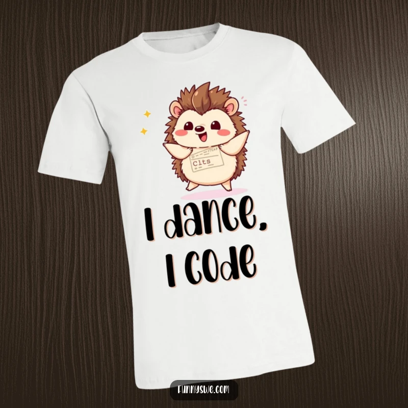 Funny kawaii hedgehog doing a happy dance while displaying website code with a flourish, printed on a comfortable t-shirt.