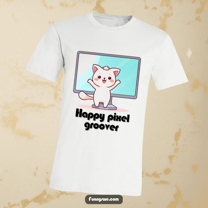 Funny t-shirt illustration of a kawaii animal character happily dancing next to a brightly shining computer monitor screen, full of digital cheer.