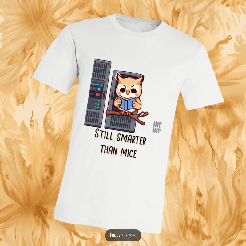 Funny t-shirt depicting a kawaii owl reading a book while perched on a server rack, showcasing IT and owl humor.