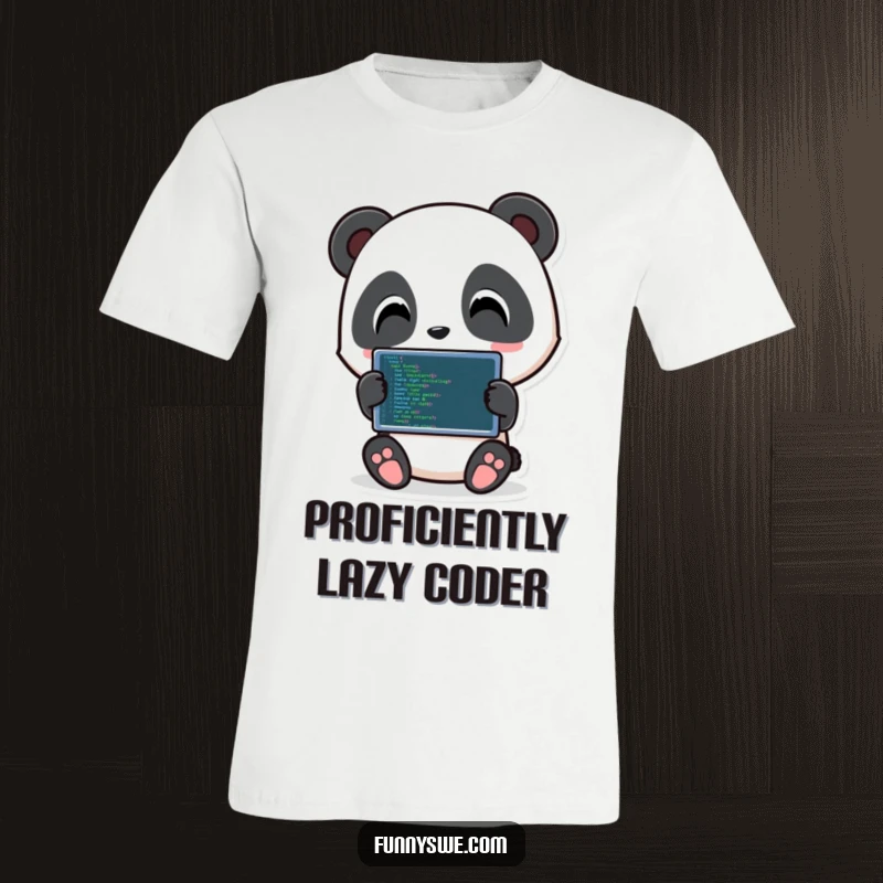 Funny Panda Coding T-Shirt: Playful panda character holding a tablet showing lines of code, a humorous design for coders.