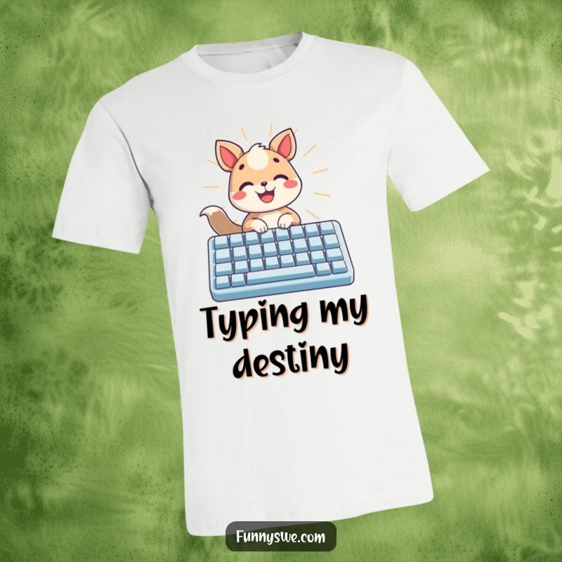 Funny cheerful animal typing on a large illuminated keyboard on a t-shirt, a bright tech gift.