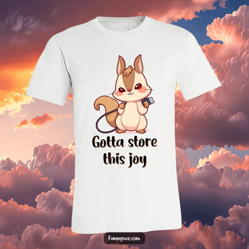 Funny t-shirt with a giggling kawaii squirrel focused on plugging in a USB drive, celebrating tech determination.