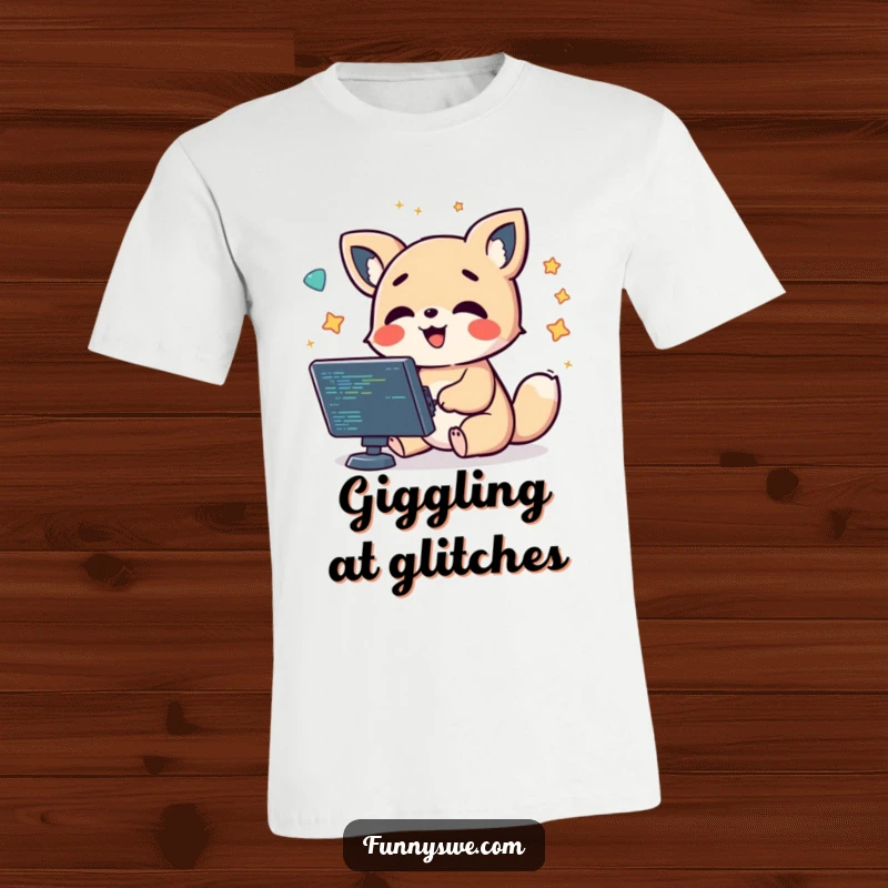 Funny kawaii animal character laughing while debugging code with various symbols floating around, a witty design.