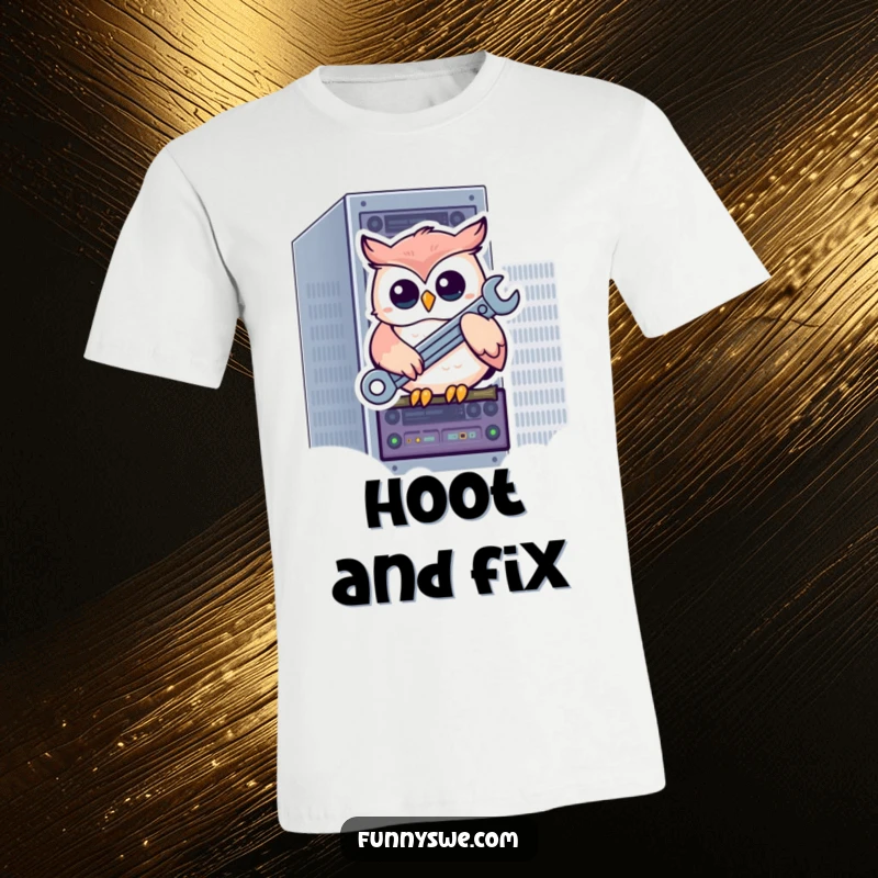 Funny kawaii owl on a server rack holding a wrench, a humorous t-shirt for tech-savvy individuals.