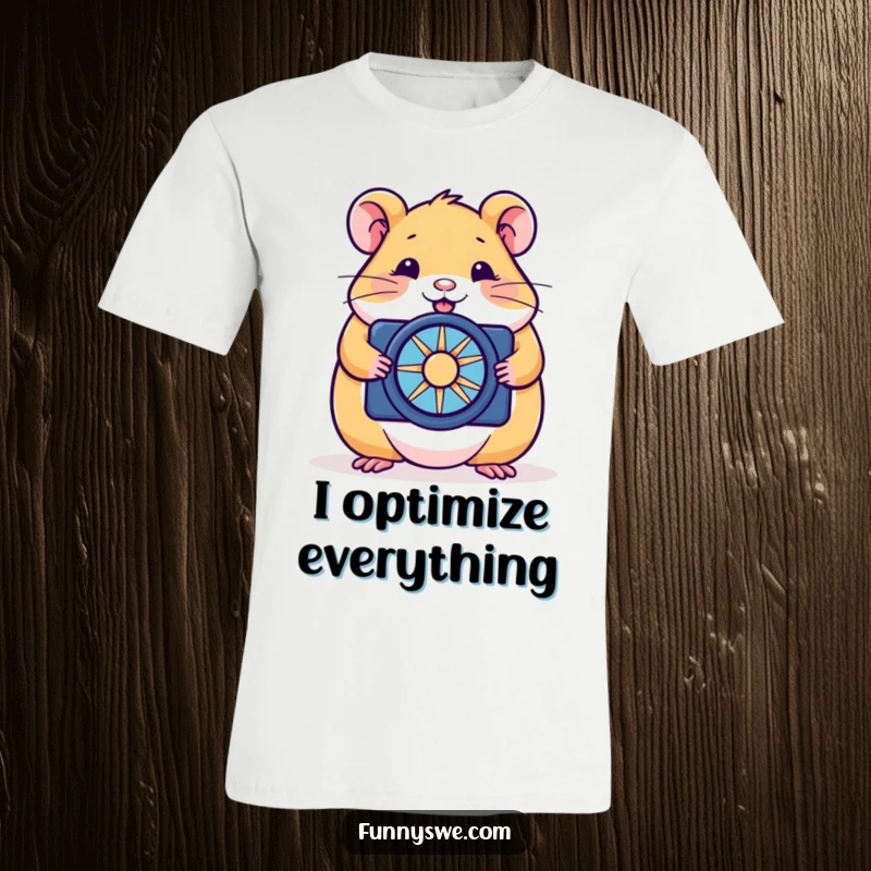 Funny hamster t-shirt graphic of a happy rodent optimizing a website with a tiny spinner, representing dedicated, humorous coding.