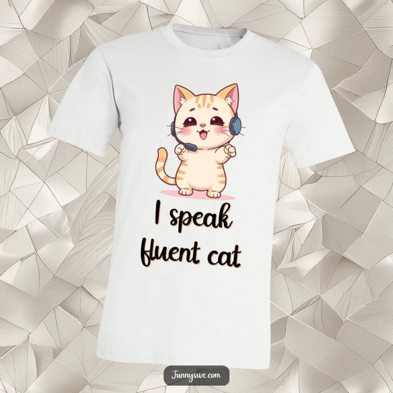 Funny Cat T-Shirt: An enthusiastic cat wearing a headset gestures and points at a screen, capturing the intensity of a gamer, perfect funny gift.