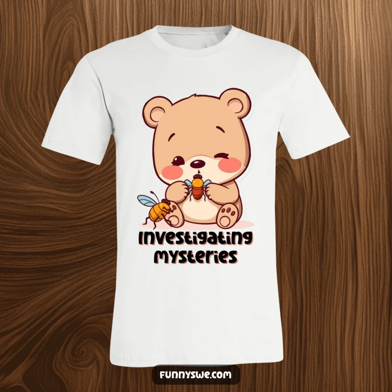Funny bear wearing a t-shirt, playfully examining a digital bug icon, highlighting curiosity and tech exploration in a fun way.