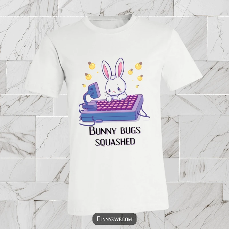 Funny t-shirt with a Kawaii rabbit furiously coding on a huge keyboard, lightbulbs symbolizing ideas, geeky and cute.