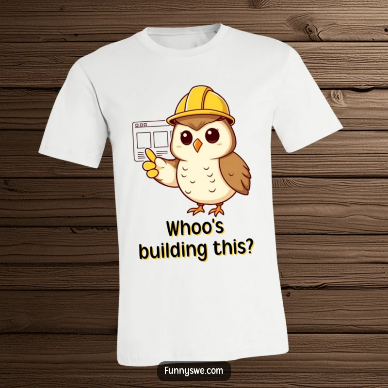 Funny cheerful owl in a hard hat, pointing confidently at a website wireframe on a t-shirt.