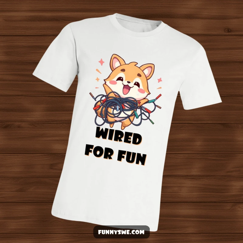 Funny energetic animal enthusiastically holding a jumbled mess of electronic wires on a t-shirt, a tech humor gift.
