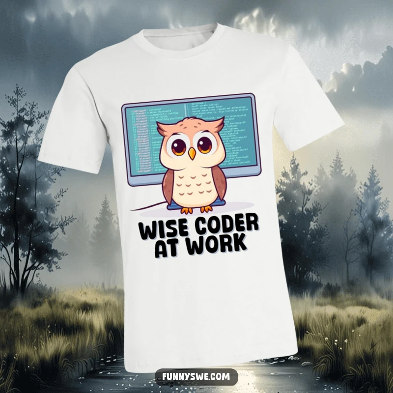 Funny T-Shirt featuring a curious owl character scrutinizing code on a giant monitor, highlighting intelligence and debugging skills.