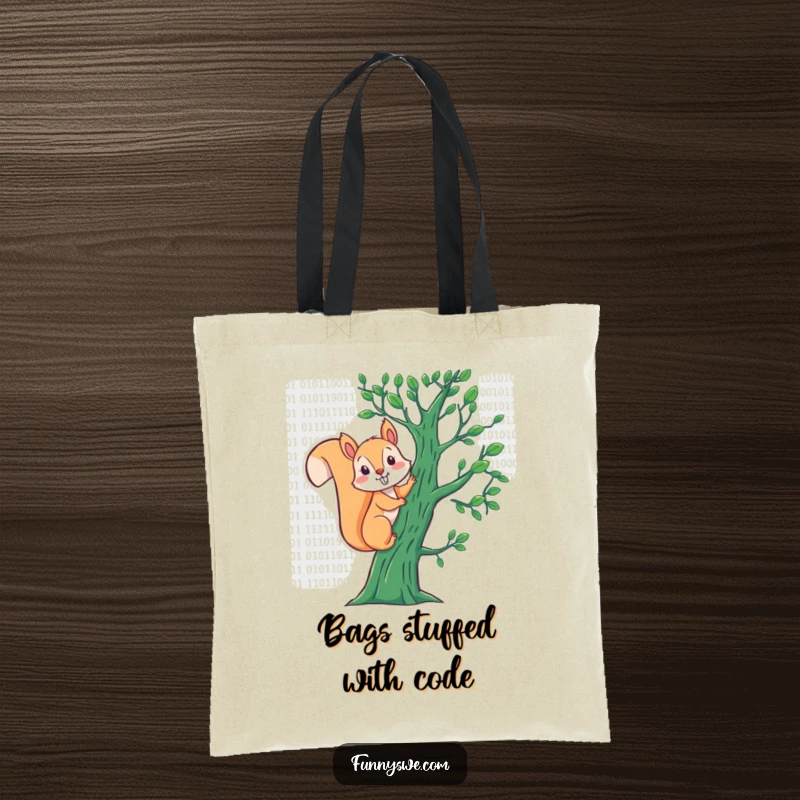 Funny Squirrel Binary Tote Bag: An agile squirrel ascends a tree of binary code, making this bag a fun and functional tech accessory.