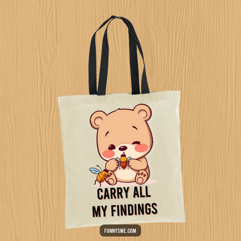 Funny bear tote bag, playfully examining a digital bug icon, showcasing curiosity and preparedness for tech adventures.
