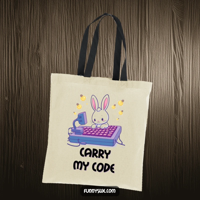 Funny tote bag with a Kawaii rabbit coding intensely on a giant keyboard, symbolizing productivity and cute humor.