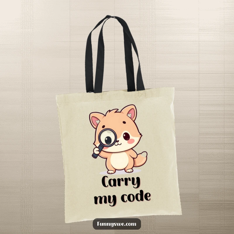 Funny tote bag with a kawaii animal character holding a magnifying glass triumphantly over a line of code, perfect for carrying tech gear.