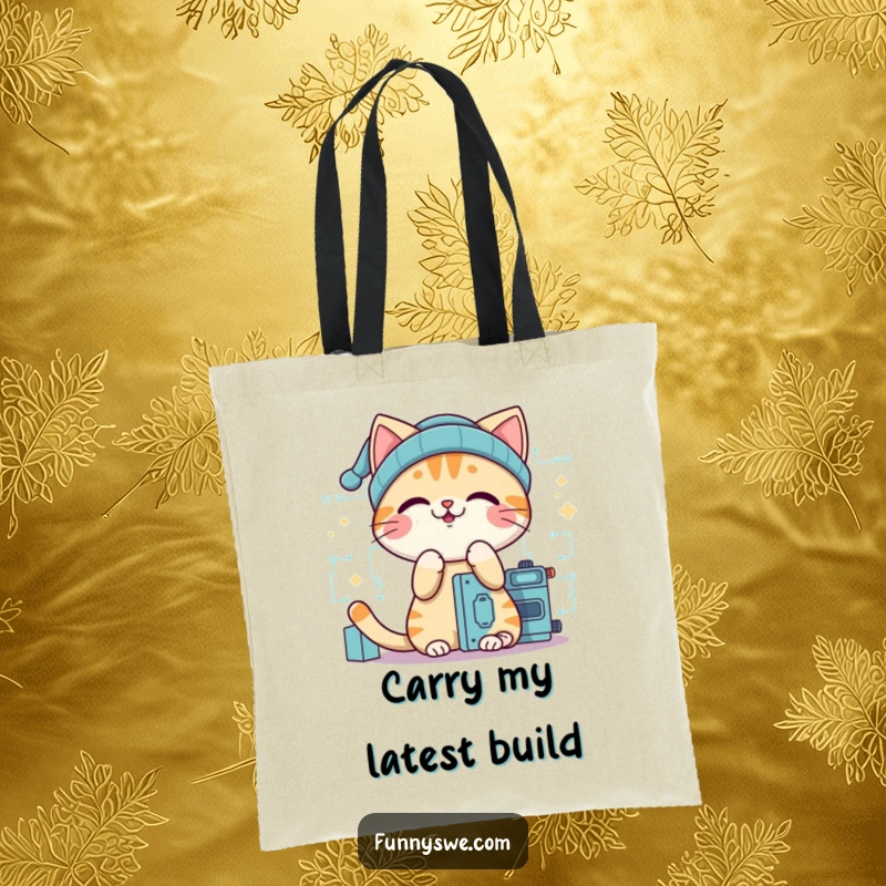 Funny cat programmer tote bag featuring a giggling cat in a beanie, building digital structures with a cheerful vibe.