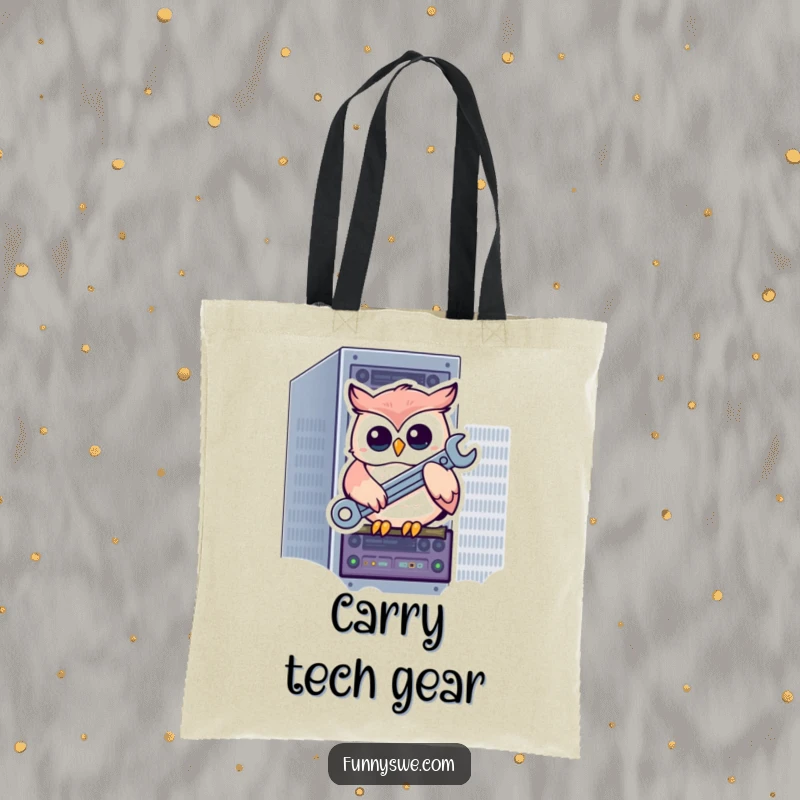 Funny kawaii owl perched on a server rack, holding a wrench, a humorous and practical tote bag.
