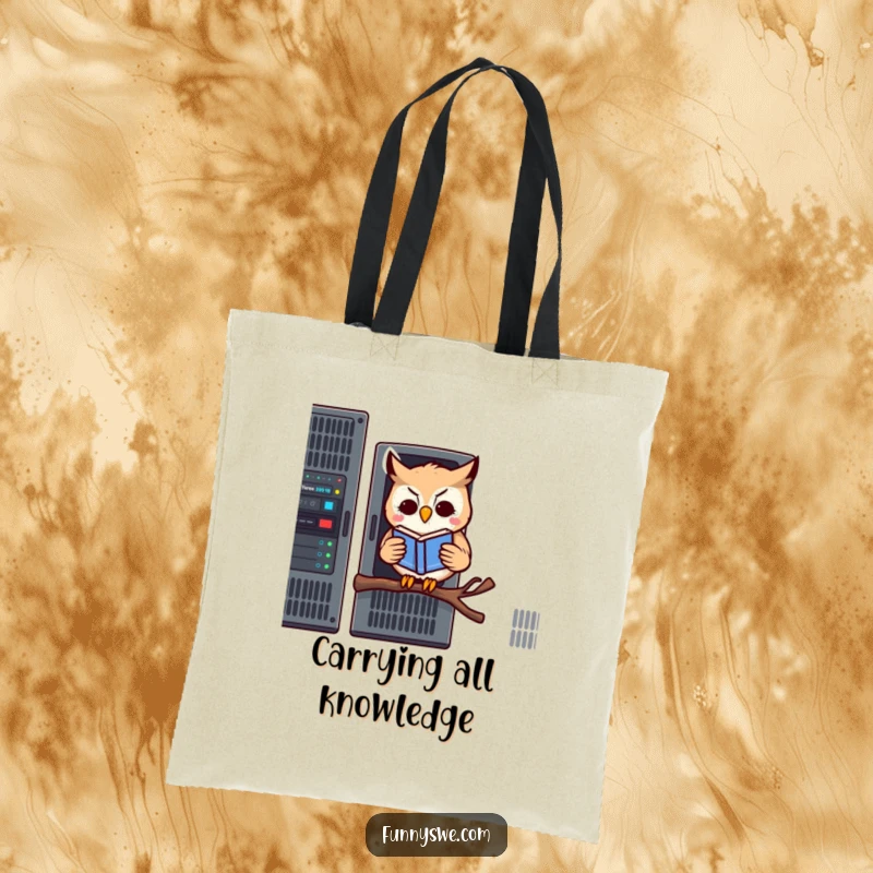 Funny tote bag with a kawaii owl reading a book on a server rack, perfect for carrying tech accessories humorously.